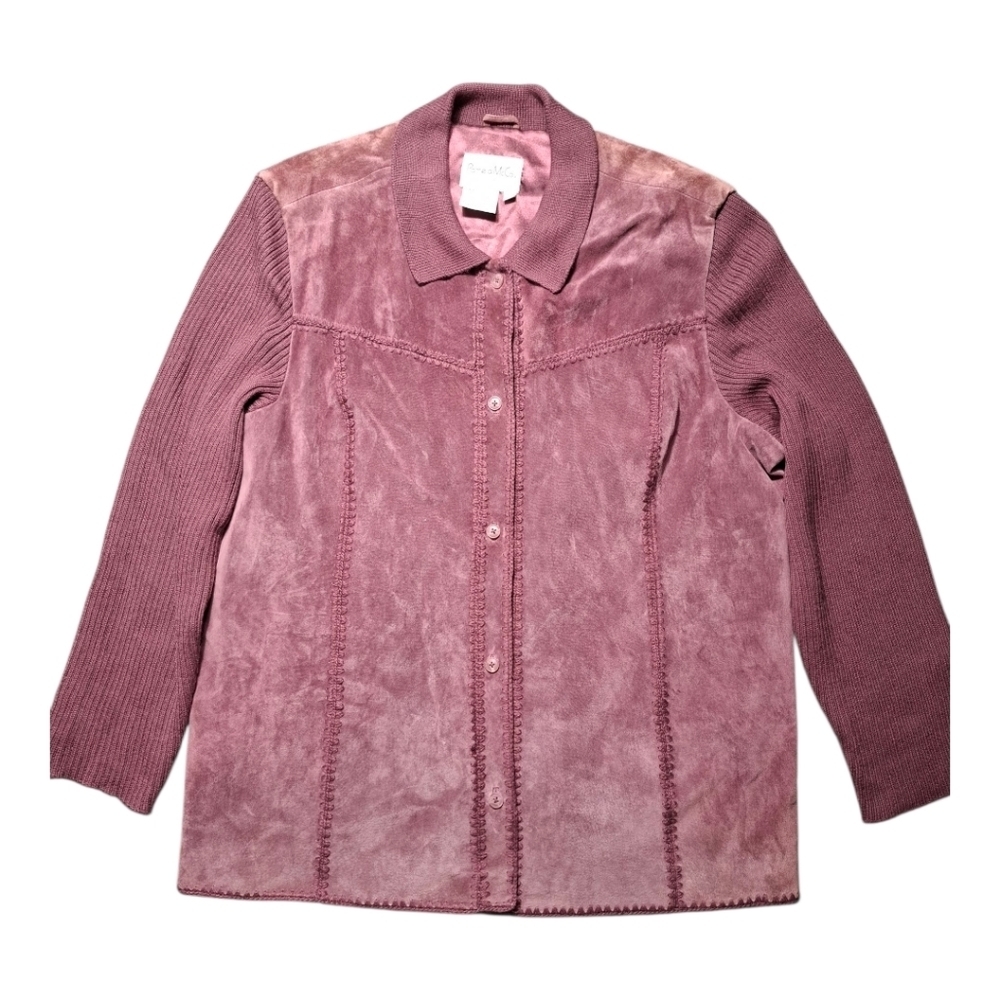 VTG Sweater Jacket Pamela McCoy Women's Mauve Leather/Wool Lagenlook Collared 3X